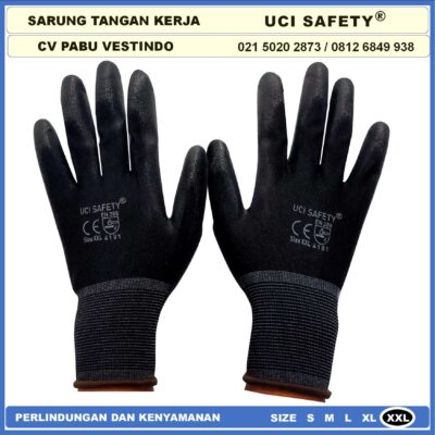 Safety Gloves Bahan Nylon Polyester Coating Karet Bagunan Montir Motor Hitam Black Dilapisi Karet Proyek Palm Fit Polyurethane Multi Purpose PU Packing Telapak Tangan dilapisi karet - Gambar 2