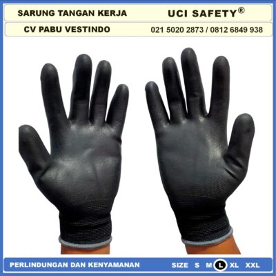 Safety Gloves Kerja Sarung Tangan Multi Purpose PU Bahan Nylon Polyester Coating Karet Berkebun Bengkel Hand Gloves Industri Pabrik Satpam Ukuran S,M, L, XL Palm Fit Polyurethane - Gambar 2