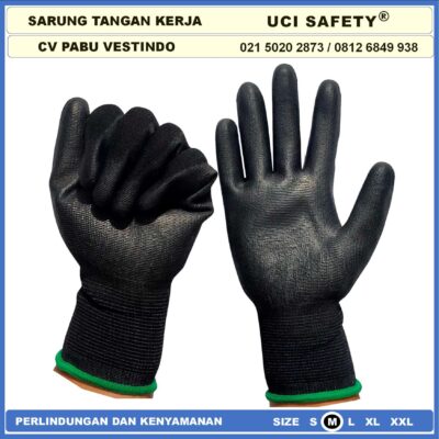 Sarung Tangan Size Ukuran S,M, L, XL Proyek Security Satpam Kerja Anti Slip Hitam Black Hand Gloves Berkebun Coating Karet Pengaman kerja Bahan Nylon PU Statis Polyester Polyurethane Kerja - Gambar 2