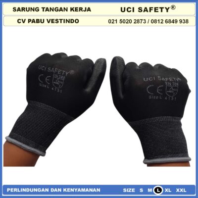 Safety Gloves Bengkel Hand Gloves Hitam Black Dilapisi Karet Proyek Palm Fit Polyurethane Multi Purpose PU Bahan Nylon Polyester Coating Karet Berkebun Montir Motor - Gambar 3