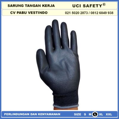 Sarung Tangan Statis Multi Purpose Polyester Multitask Sarung Tangan Polyurethane Karet Kerja Palm Fit Palmfit Size Ukuran S,M, L, XL Safety Gloves Proyek Security Satpam Kerja Uci Safety - Gambar 3