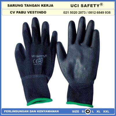 Sarung Tangan Statis Multi Purpose Polyester Multitask Sarung Tangan Polyurethane Karet Kerja Palm Fit Palmfit Size Ukuran S,M, L, XL Safety Gloves Proyek Security Satpam Kerja Uci Safety - Gambar 7