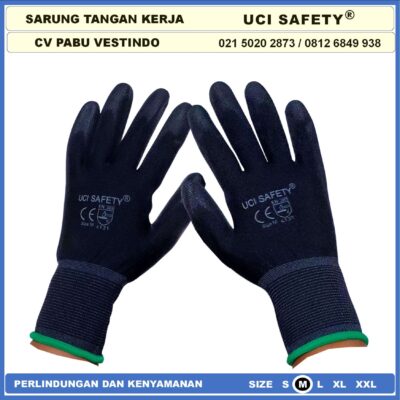 Safety Gloves Bahan Nylon Polyester Coating Karet Bagunan Montir Motor Hitam Black Dilapisi Karet Proyek Palm Fit Polyurethane Multi Purpose PU Packing Telapak Tangan dilapisi karet - Gambar 3