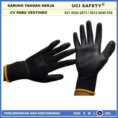 Sarung Tangan Statis Multi Purpose Polyester Multitask Sarung Tangan Polyurethane Karet Kerja Palm Fit Palmfit Size Ukuran S,M, L, XL Safety Gloves Proyek Security Satpam Kerja Uci Safety - Gambar 2