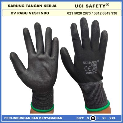 Safety Gloves Coating Karet Berkebun Montir Motor Hitam Black Dilapisi Karet Proyek Palm Fit Polyurethane Multi Purpose PU Bahan Nylon Polyester Telapak Tangan dilapisi karet Bagunan - Gambar 3