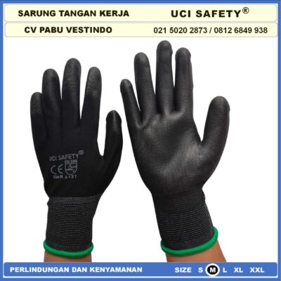 Safety Gloves Berkebun Bengkel Motor Hitam Black Dilapisi Karet Proyek Palm Fit Polyurethane Multi Purpose PU Bahan Nylon Polyester Coating Karet Bagunan Montir - Gambar 2