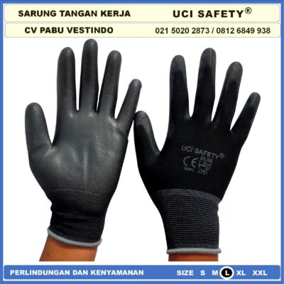 Safety Gloves Coating Karet Berkebun Montir Motor Hitam Black Dilapisi Karet Proyek Palm Fit Polyurethane Multi Purpose PU Bahan Nylon Polyester Telapak Tangan dilapisi karet Bagunan - Gambar 7