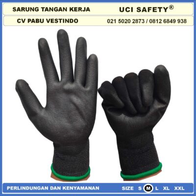 Sarung Tangan Satpam Anti Slip Hitam Black Hand Gloves Mekanik Montir Berkebun Tukang Telapak Tangan dilapisi karet Bahan Nylon Polyester Elektronik Assembly Static Multi Purpose Polyurethane Kerja Palmfit Safety Gloves - Gambar 3