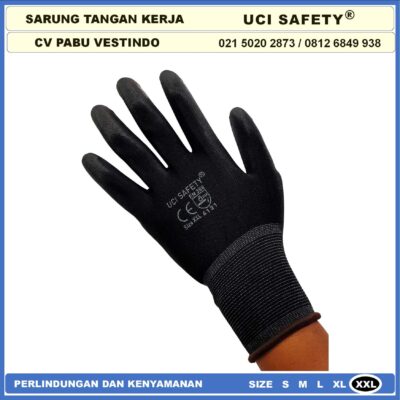 Sarung Tangan Uci Safety otomotif Bagunan Coating Karet Pengaman kerja Packing PU Statis Multitask Karet Palm Fit Ukuran S,M, L, XL Proyek Satpam Anti Slip Hitam Black Industri Pabrik Mekanik - Gambar 2