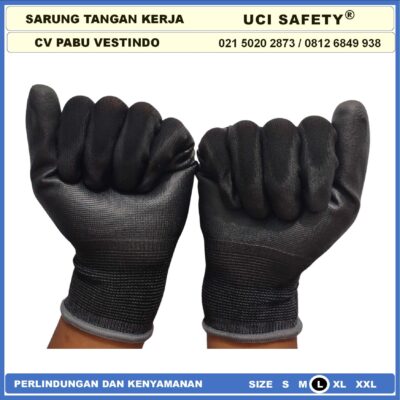 Sarung Tangan Uci Safety otomotif Bagunan Coating Karet Pengaman kerja Packing PU Statis Multitask Karet Palm Fit Ukuran S,M, L, XL Proyek Satpam Anti Slip Hitam Black Industri Pabrik Mekanik - Gambar 6