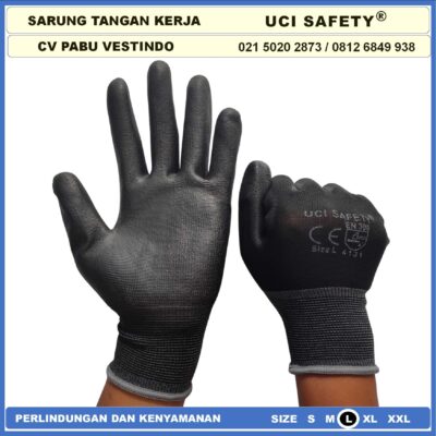 Sarung Tangan Anti Slip Hitam Black Hand Gloves Berkebun Coating Karet Pengaman kerja Bahan Nylon PU Statis Polyester Polyurethane Kerja Palmfit Safety Gloves Packing, Kerja, Elektronik Proyek Security Satpam Kerja - Gambar 5