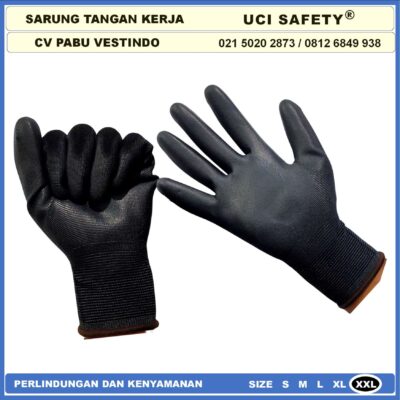 Sarung Tangan Size Ukuran S,M, L, XL Proyek Security Satpam Kerja Anti Slip Hitam Black Hand Gloves Berkebun Coating Karet Pengaman kerja Bahan Nylon PU Statis Polyester Polyurethane Kerja - Gambar 6