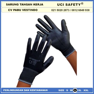 Sarung Tangan Size Ukuran S,M, L, XL Anti Slip Hitam Black Hand Gloves Palmfit Industri Pabrik Proyek Security Satpam Kerja Berkebun Telapak Tangan dilapisi karet Bahan Nylon Polyester Kerja Palm Fit Statis Proyek Bagunan Tukang - Gambar 3