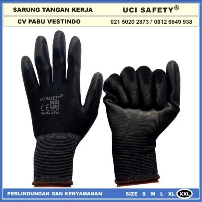 Sarung Tangan Uci Safety Kerja Ukuran S,M, L, XL Polyurethane Hitam Black Montir Berkebun Static Satpam Motor Karet PU - Gambar 3