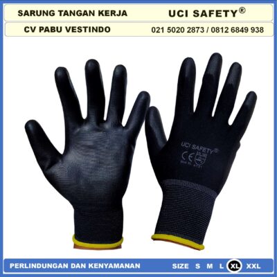 Safety Gloves Berkebun Bengkel Motor Hitam Black Dilapisi Karet Proyek Palm Fit Polyurethane Multi Purpose PU Bahan Nylon Polyester Coating Karet Bagunan Montir - Gambar 4