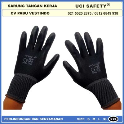 Safety Gloves Bahan Nylon Polyester Coating Karet Bagunan Montir Motor Hitam Black Dilapisi Karet Proyek Palm Fit Polyurethane Multi Purpose PU Packing Telapak Tangan dilapisi karet - Gambar 5