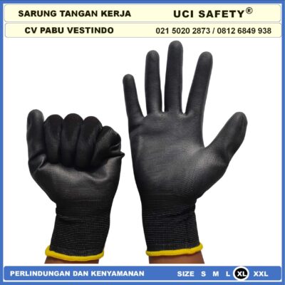 Safety Gloves Bengkel Hand Gloves Hitam Black Dilapisi Karet Proyek Palm Fit Polyurethane Multi Purpose PU Bahan Nylon Polyester Coating Karet Berkebun Montir Motor - Gambar 4