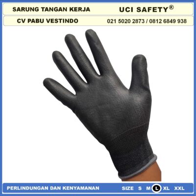 Safety Gloves Statis Sarung Tangan Karet Palm Fit Static Polyurethane Polyester Size Ukuran S,M, L, XL Dilapisi Karet Uci Safety Telapak Tangan dilapisi karet Packing, Kerja, Elektronik PU Proyek Bagunan Tukang Hand Gloves - Gambar 6