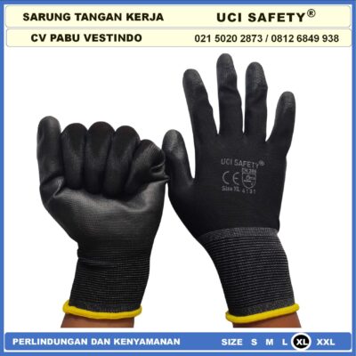 Safety Gloves Industri Pabrik Satpam Proyek Palm Fit Polyurethane Multi Purpose PU Bahan Nylon Polyester Coating Karet Berkebun Bengkel Hand Gloves Hitam Black Dilapisi Karet - Gambar 4