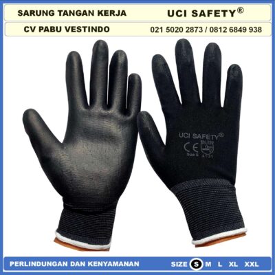 Safety Gloves Polyurethane Palmfit Proyek Security Satpam Kerja Dilapisi Karet Sarung Tangan Size Ukuran S,M, L, XL Kerja Industri Pabrik Hand Gloves Coating Karet PU Polyester Multitask Bahan Nylon Hitam Black - Gambar 5