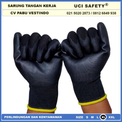 Safety Gloves Coating Karet Berkebun Montir Motor Hitam Black Dilapisi Karet Proyek Palm Fit Polyurethane Multi Purpose PU Bahan Nylon Polyester Telapak Tangan dilapisi karet Bagunan - Gambar 6