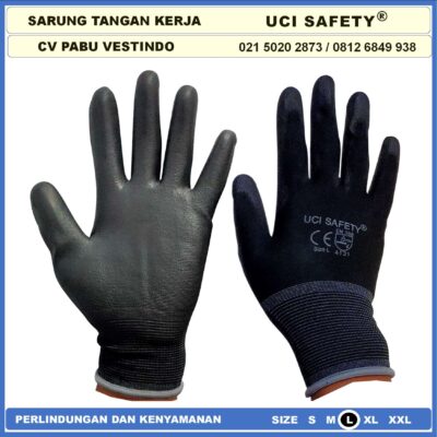 Sarung Tangan Static Anti Slip Hand Gloves Satpam Tukang Packing PU Ukuran S,M, L, XL Uci Safety Telapak Tangan dilapisi karet - Gambar 5